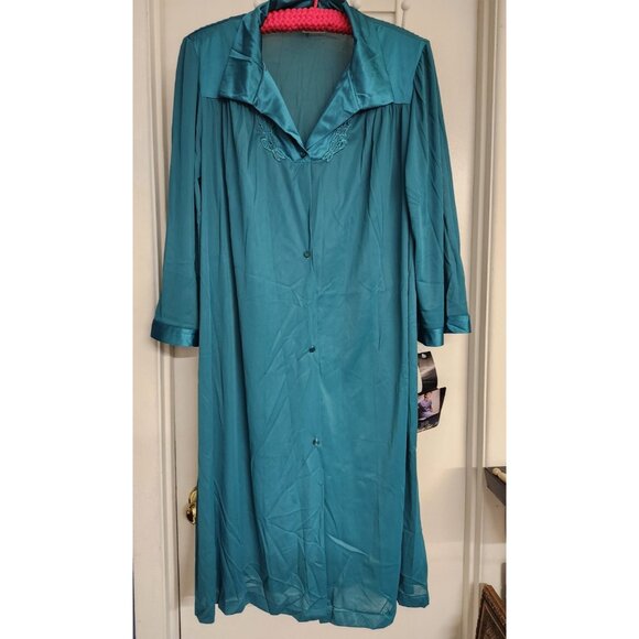 Vanity Fair Robe Housecoat Women's L Large Nylon Button Front Teal Blue Applique - Picture 1 of 12